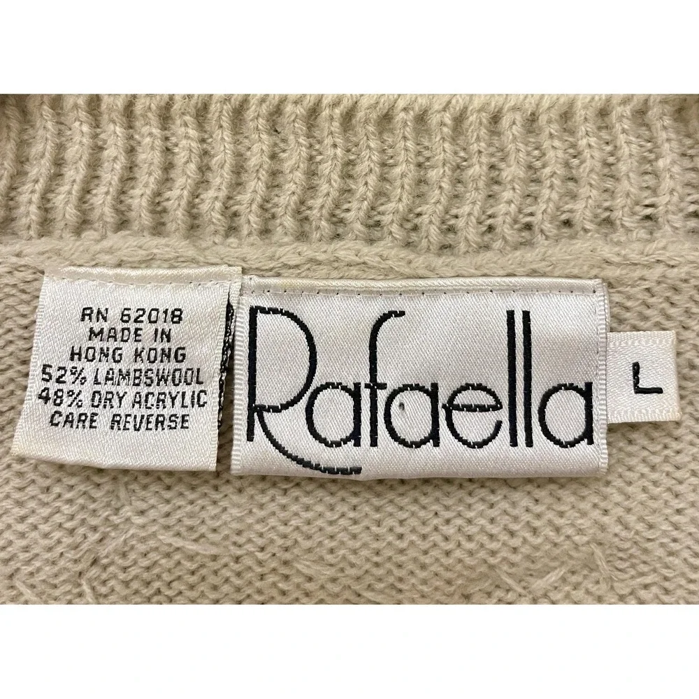 Vintage Rafaella Cardigan‎ Sweater Womens Large Beige Wool Crochet Floral 80s
